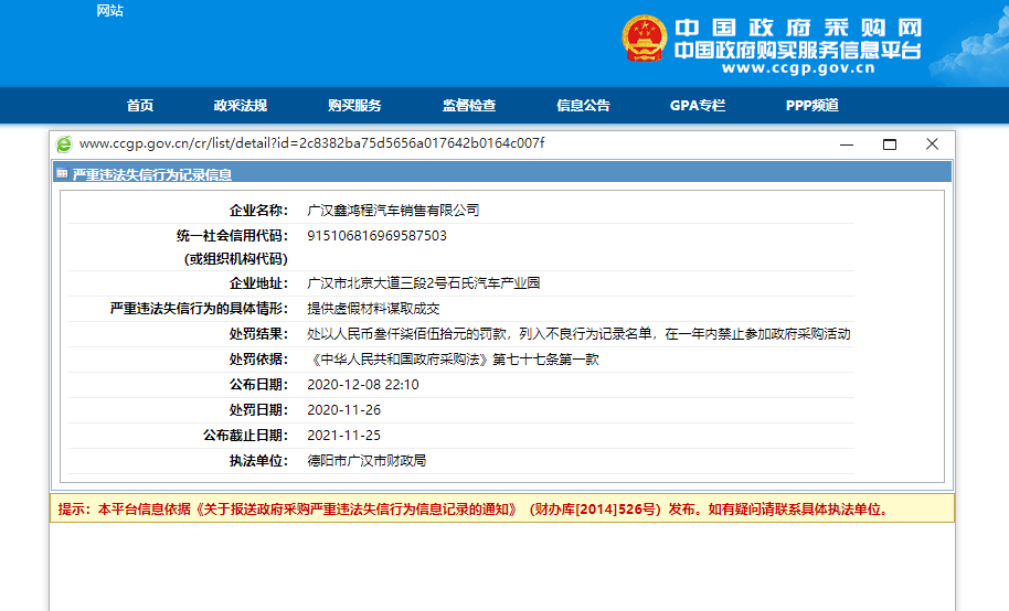 广汉鑫鸿程汽车销售有限公司违法被处罚